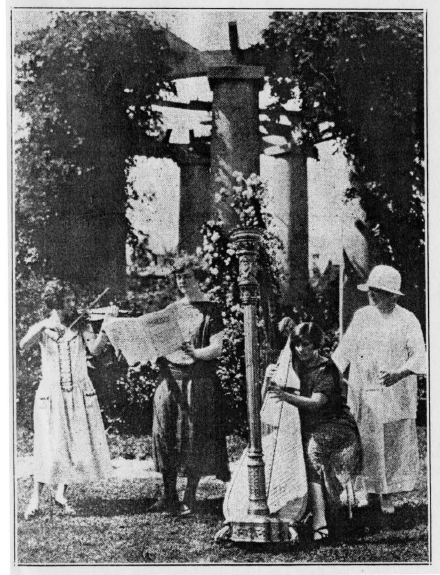Women musicians playing music on a hospital lawn, ca. 1926, location unknown
